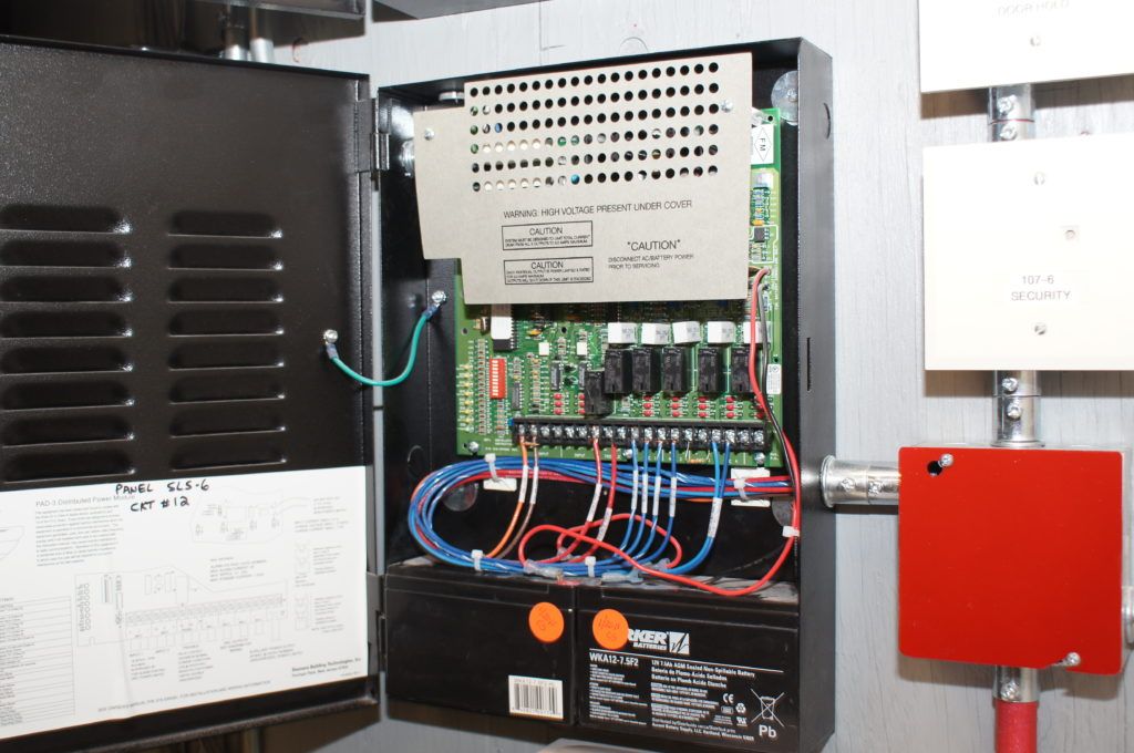 Commercial fire alarm system control panel opened